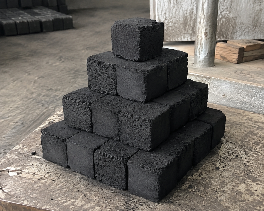 Coconut Shell Cube Charcoal Briquette from IDEABORNEO, an Indonesian biomass supplier for B2B wholesale and export buyers